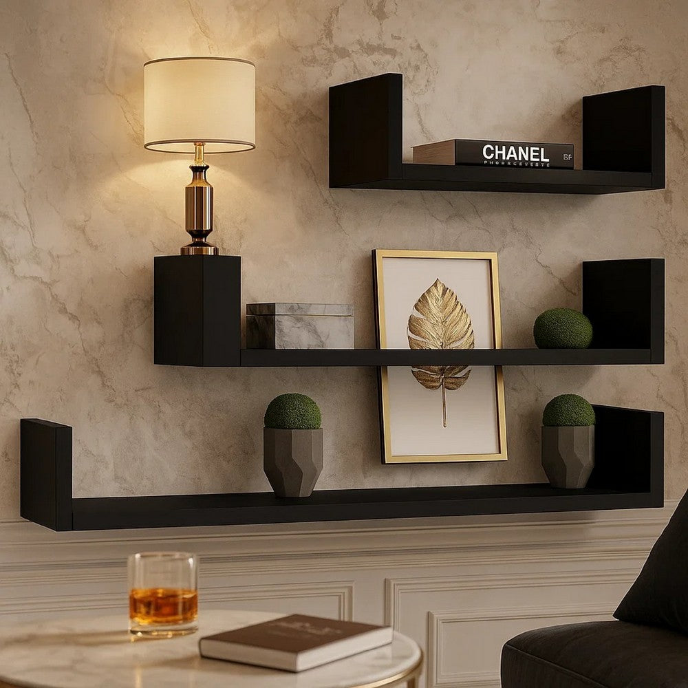 Erric Floating Wall Shelf Set of 3 | Black Faux Wood Frame | 12,18,24 Inch