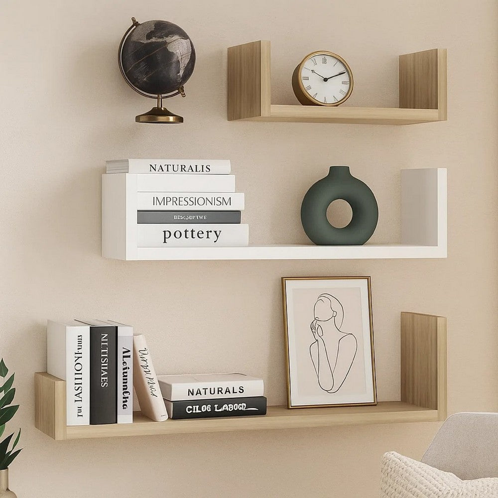 Erric Floating Wall Shelf Set of 3 | White Faux Wood Frame | 12,18,24 Inch