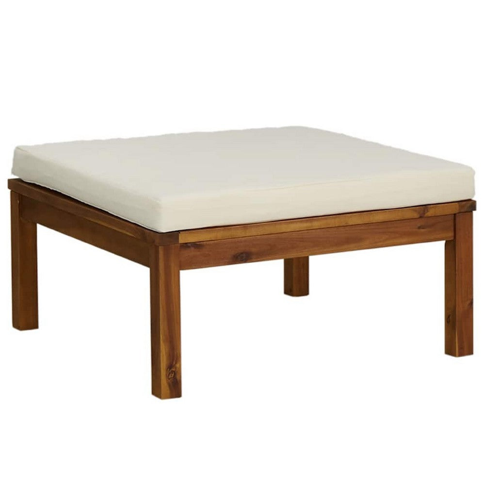 Aimee Outdoor Modular Ottoman | Cream | Brown Acacia Wood 26"