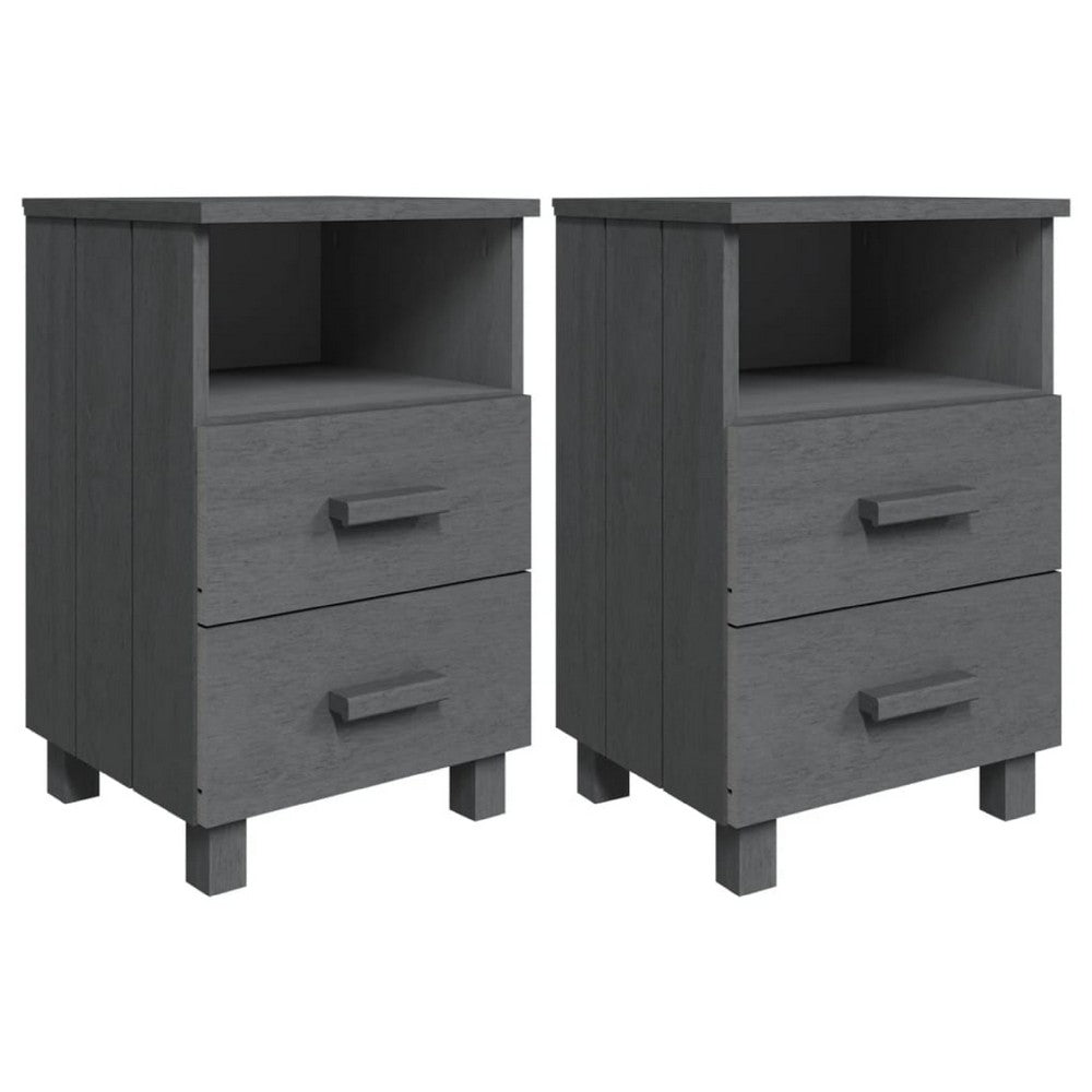 Xorro Bedside Nightstand Set of 2 | 2 Drawers | Dark Gray Solid Pine Wood