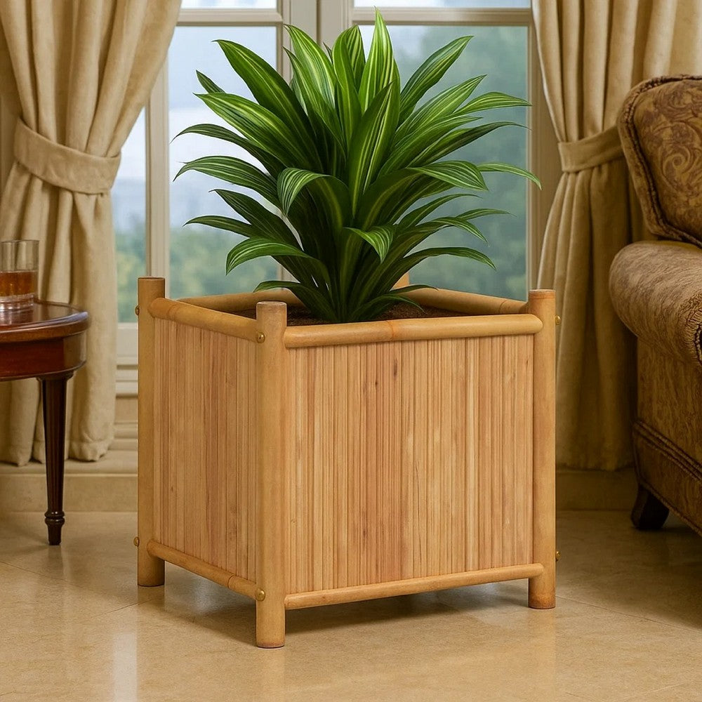 Sriya Outdoor Square Planter | 16x16" | Beige Natural Bamboo