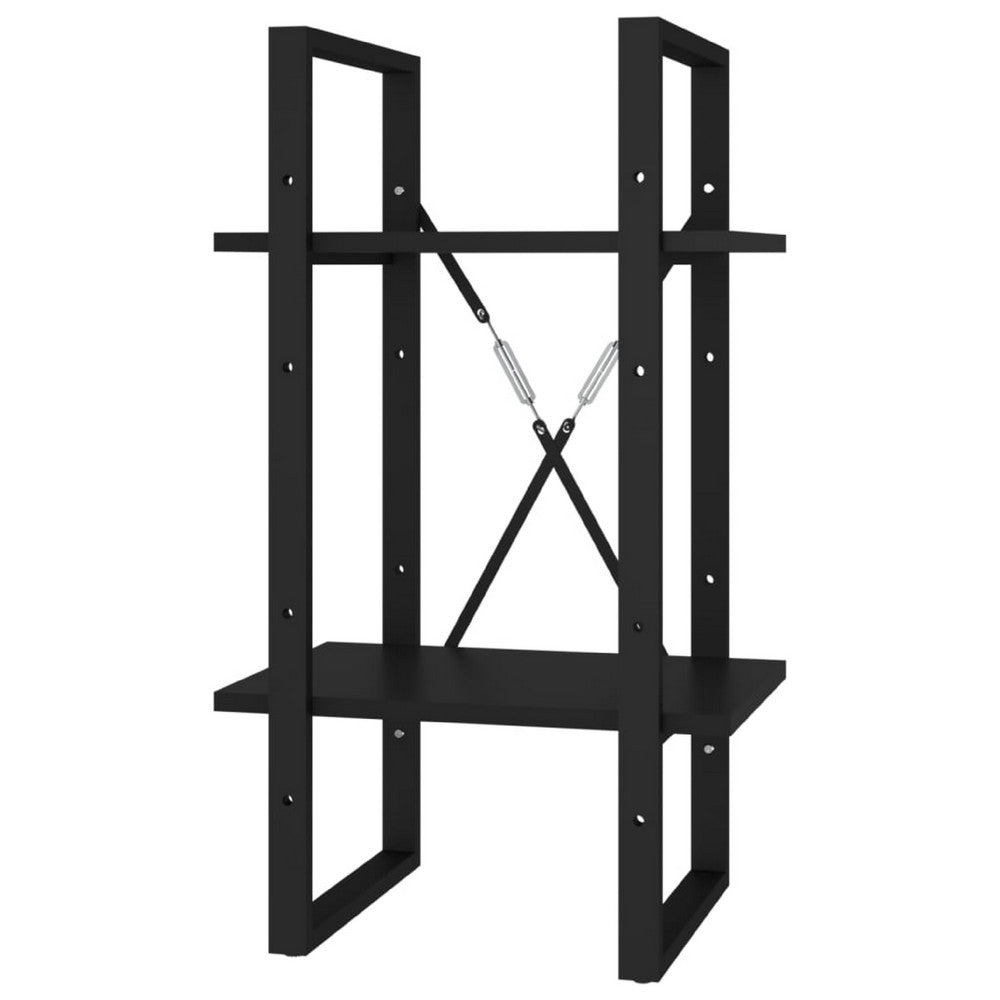 Tusha Wall Bookcase w 2 Open Shelves | Black Wood | Black Metal
