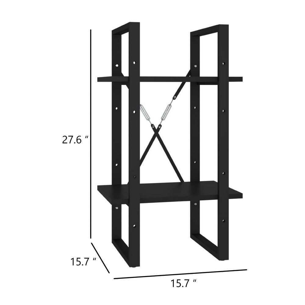 Tusha Wall Bookcase w 2 Open Shelves | Black Wood | Black Metal