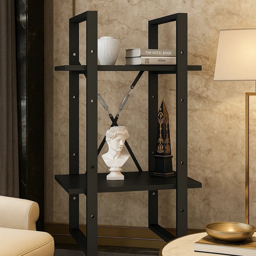 Tusha Wall Bookcase w 2 Open Shelves | Black Wood | Black Metal