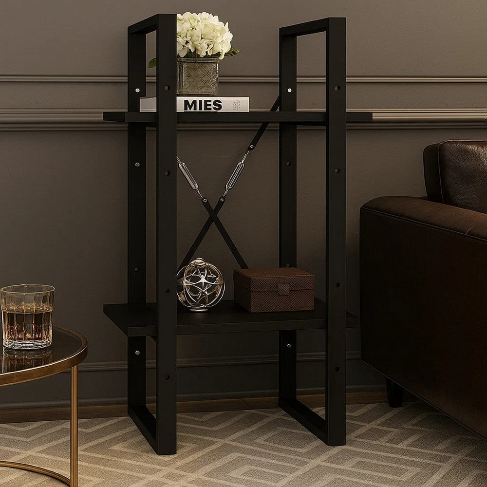 Tusha Wall Bookcase w 2 Open Shelves | Black Wood | Black Metal