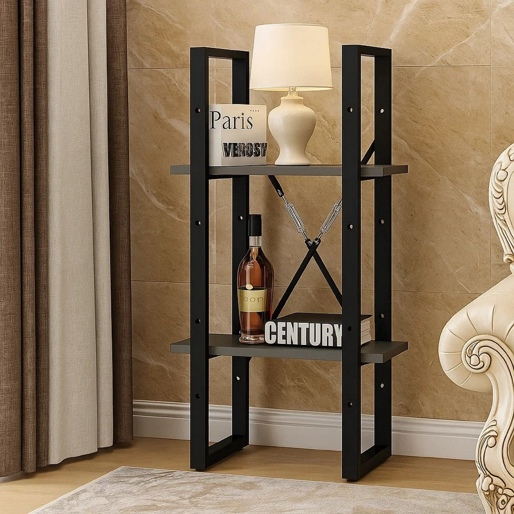 Tusha Wall Bookcase w 2 Open Shelves | Gray Wood | Black Metal