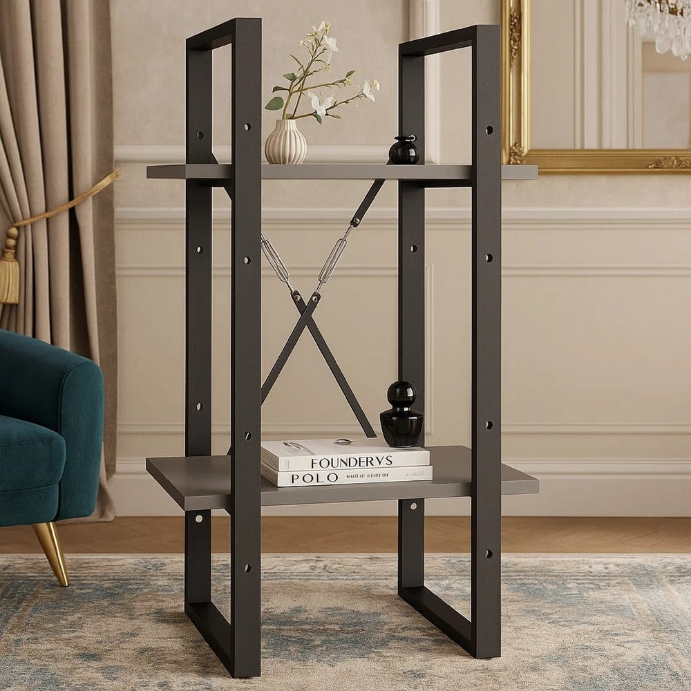 Tusha Wall Bookcase w 2 Open Shelves | Gray Wood | Black Metal