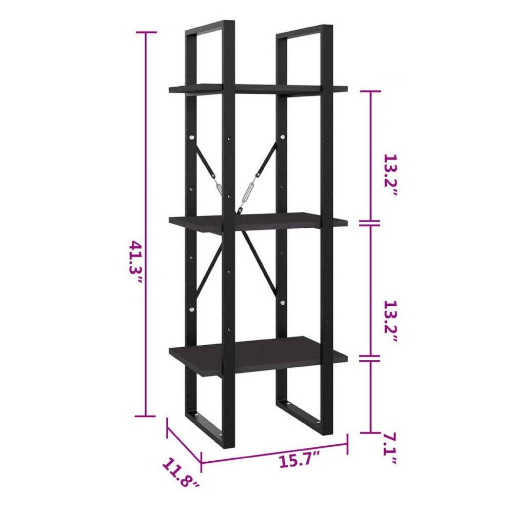 Nanie Wall Bookcase w 3 Open Shelves | Gray Wood | Black Metal