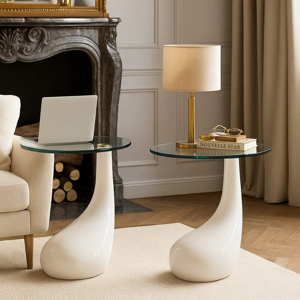 Ennie Coffee Table Set of 2 | White Fiberglass & Tempered Glass | 22"