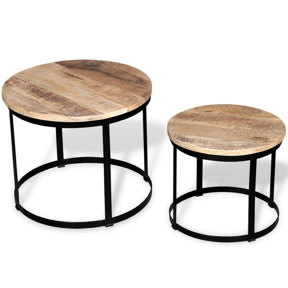 Ferns Coffee Table Set of 2 | Brown Solid Mango Wood | Black Iron