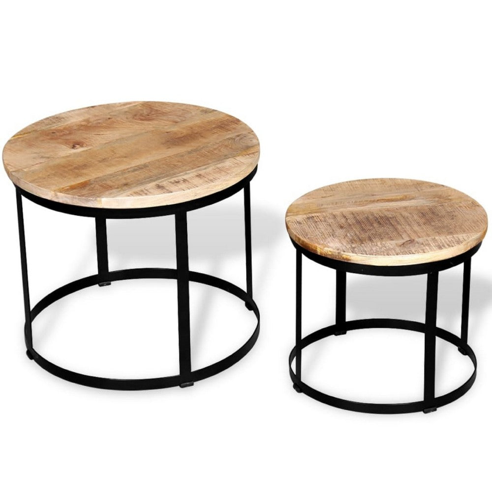 Ferns Coffee Table Set of 2 | Brown Solid Mango Wood | Black Iron