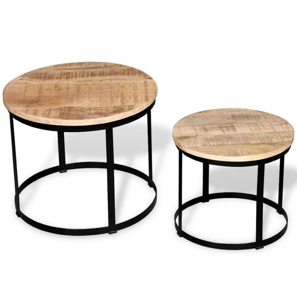 Ferns Coffee Table Set of 2 | Brown Solid Mango Wood | Black Iron