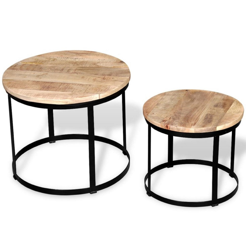 Ferns Coffee Table Set of 2 | Brown Solid Mango Wood | Black Iron