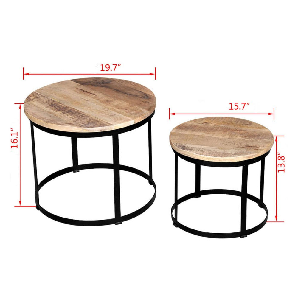 Ferns Coffee Table Set of 2 | Brown Solid Mango Wood | Black Iron