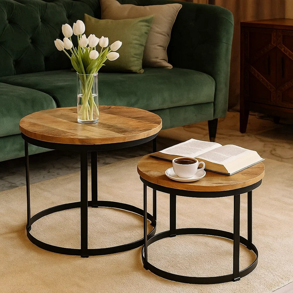 Ferns Coffee Table Set of 2 | Brown Solid Mango Wood | Black Iron