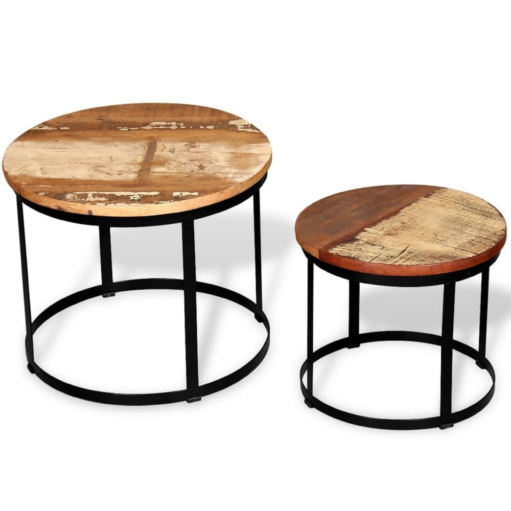 Ferns Coffee Table Set of 2 | Brown Solid Mango Wood | Black Iron