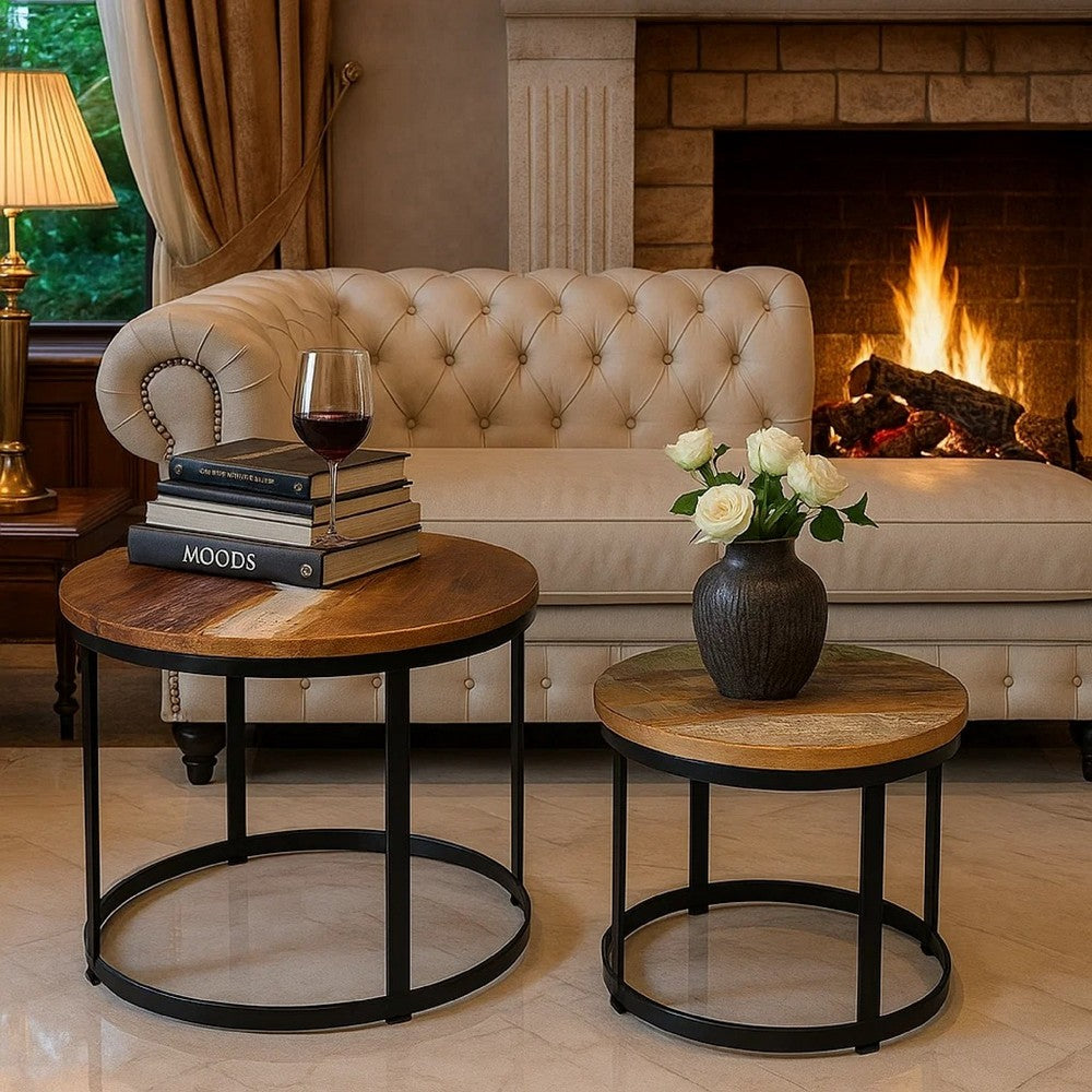 Ferns Coffee Table Set of 2 | Brown Solid Mango Wood | Black Iron