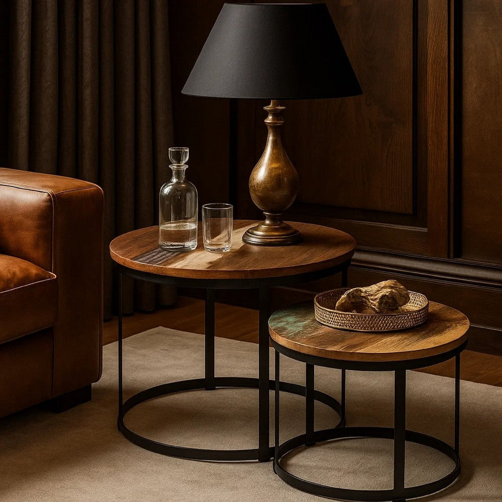Ferns Coffee Table Set of 2 | Brown Solid Mango Wood | Black Iron