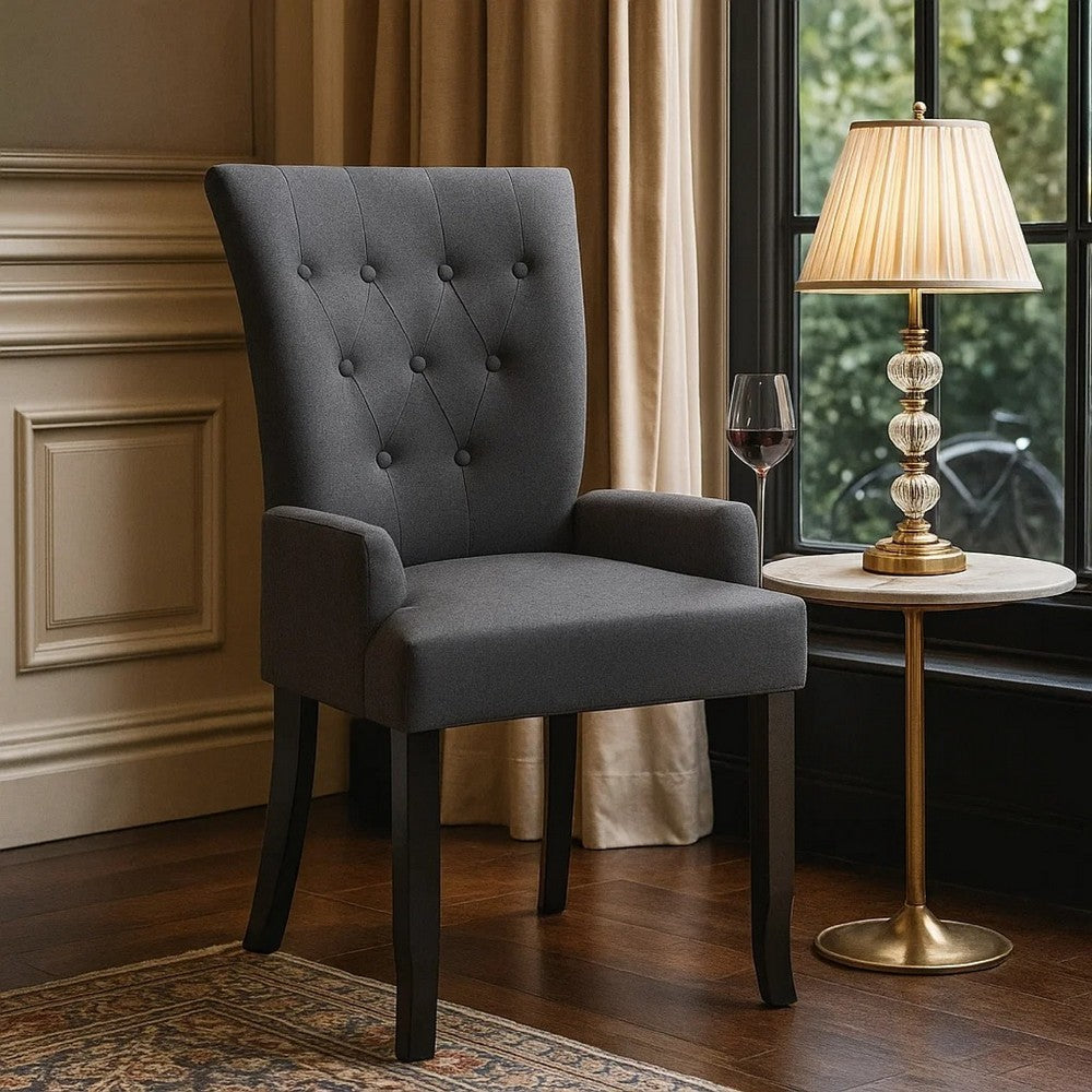 Donie Dining Chair | Ergonomic Back | Dark Gray Polyester | Black Oakwood