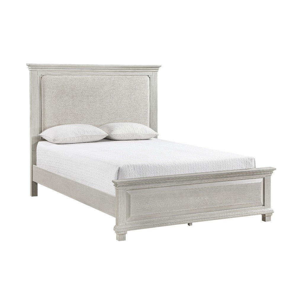 Avy Queen Size Bed with Padded Upholstered Headboard | Mist Gray Pine