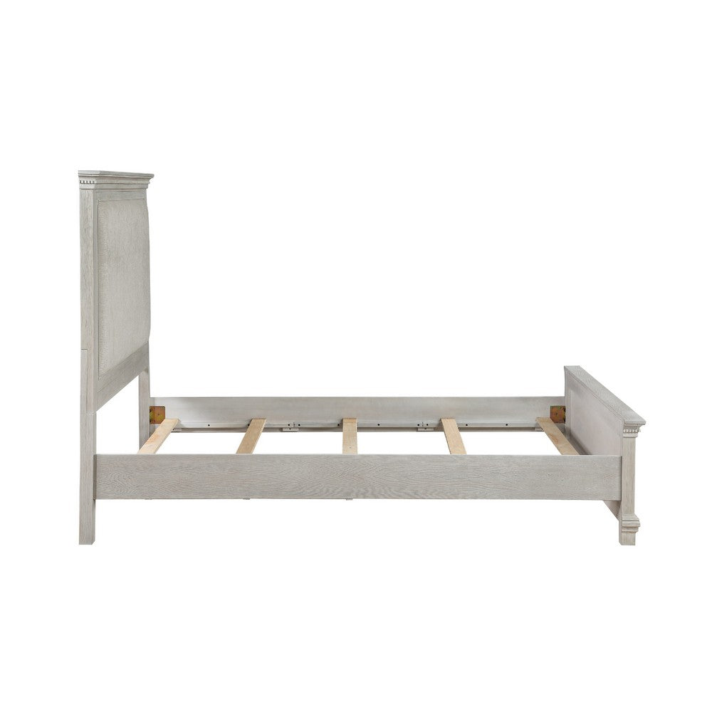 Avy Queen Size Bed with Padded Upholstered Headboard | Mist Gray Pine