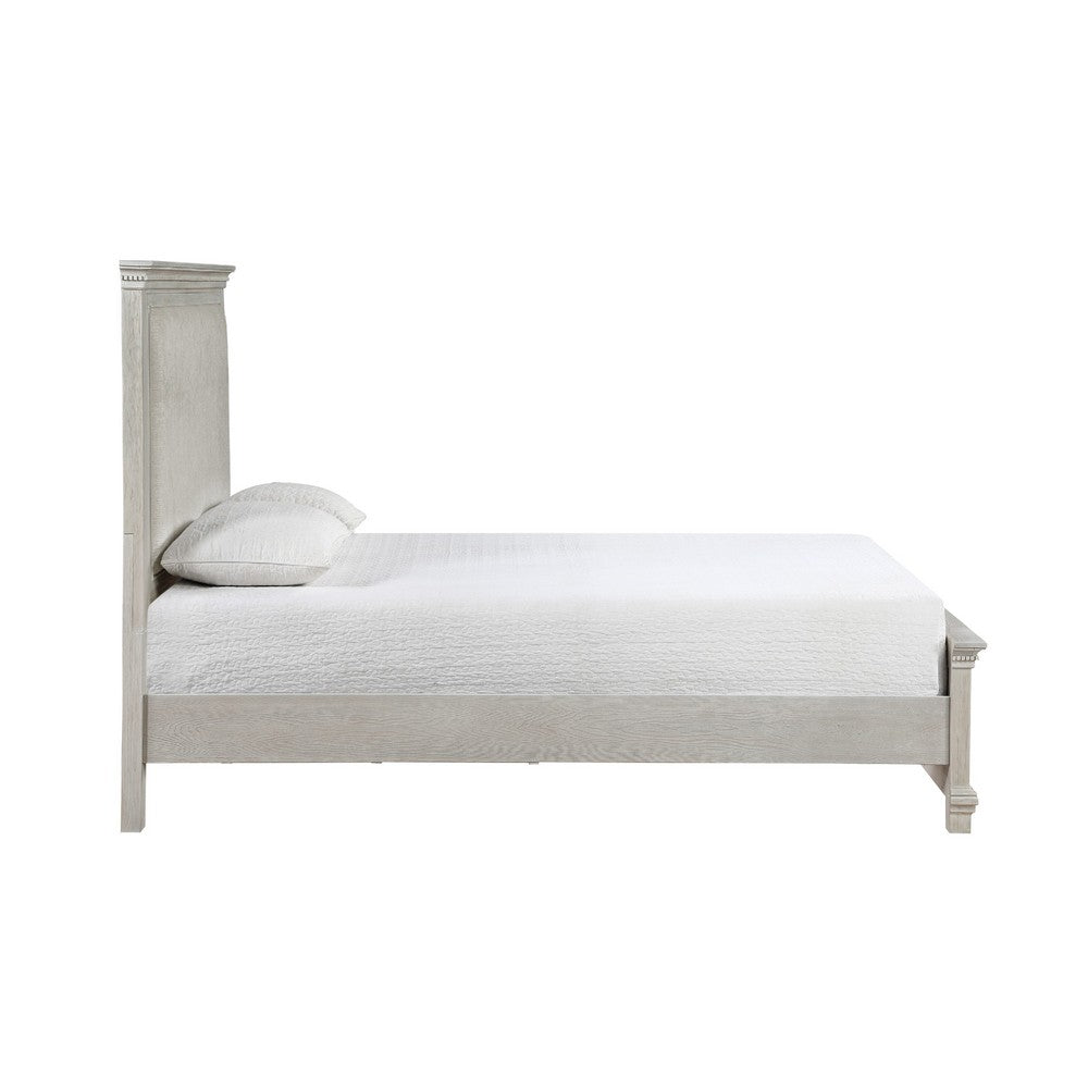 Avy Queen Size Bed with Padded Upholstered Headboard | Mist Gray Pine