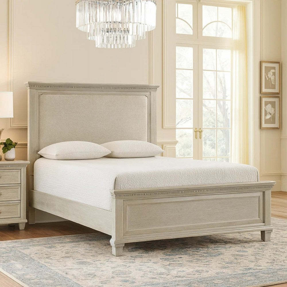 Avy Queen Size Bed with Padded Upholstered Headboard | Mist Gray Pine