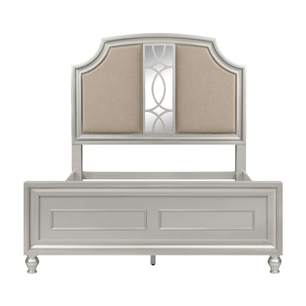 Felix Queen Size Bed | Gray Upholstered Mirrored Silver Panel Headboard
