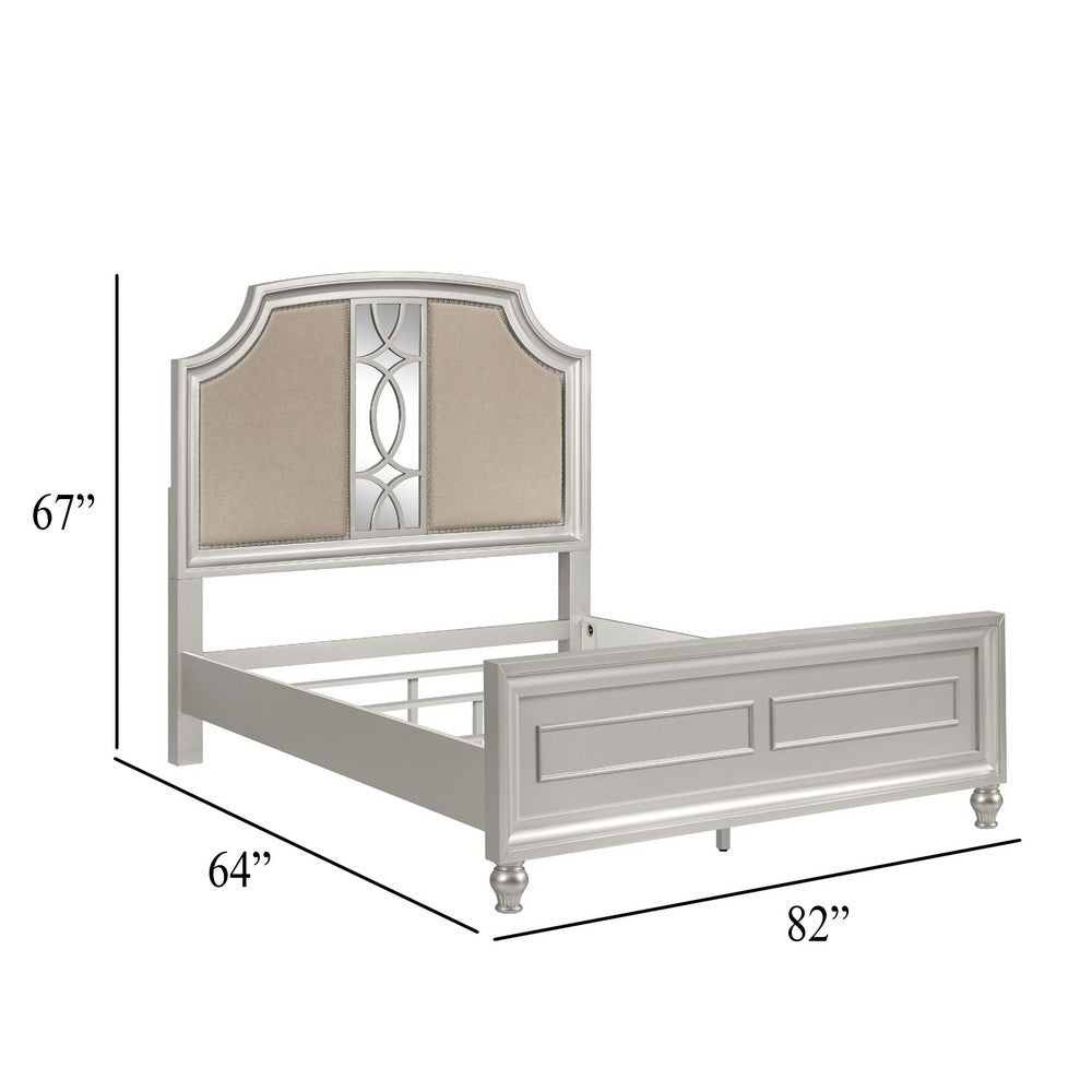 Felix Queen Size Bed | Gray Upholstered Mirrored Silver Panel Headboard