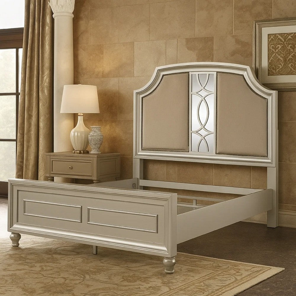 Felix Queen Size Bed | Gray Upholstered Mirrored Silver Panel Headboard