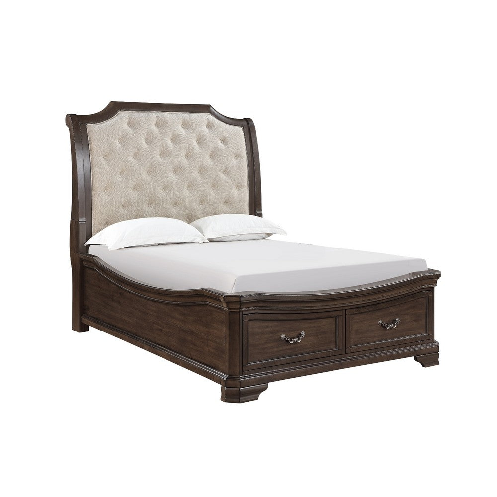 Lynda Queen Bed | Beige Button Tufted Headboard | 2 Drawers | Walnut Brown