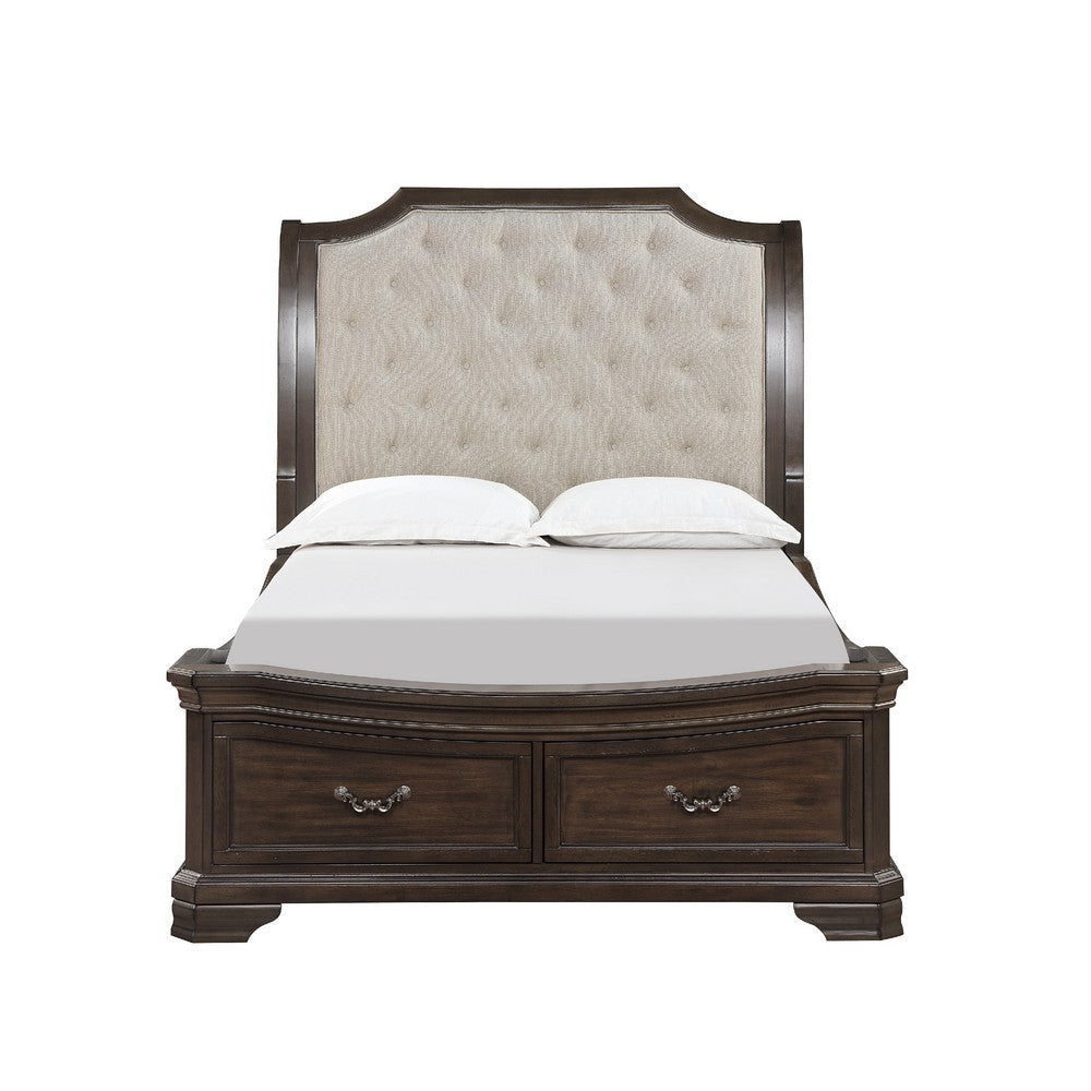Lynda Queen Bed | Beige Button Tufted Headboard | 2 Drawers | Walnut Brown