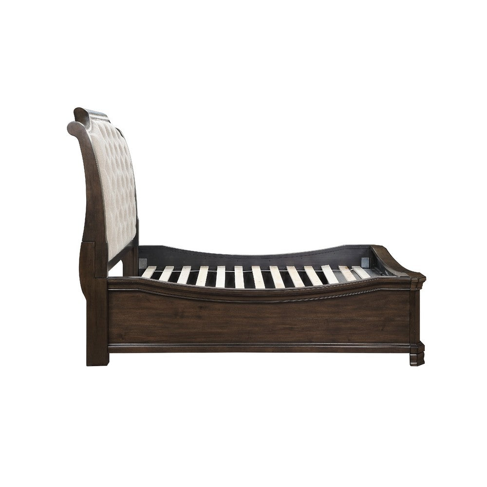 Lynda Queen Bed | Beige Button Tufted Headboard | 2 Drawers | Walnut Brown