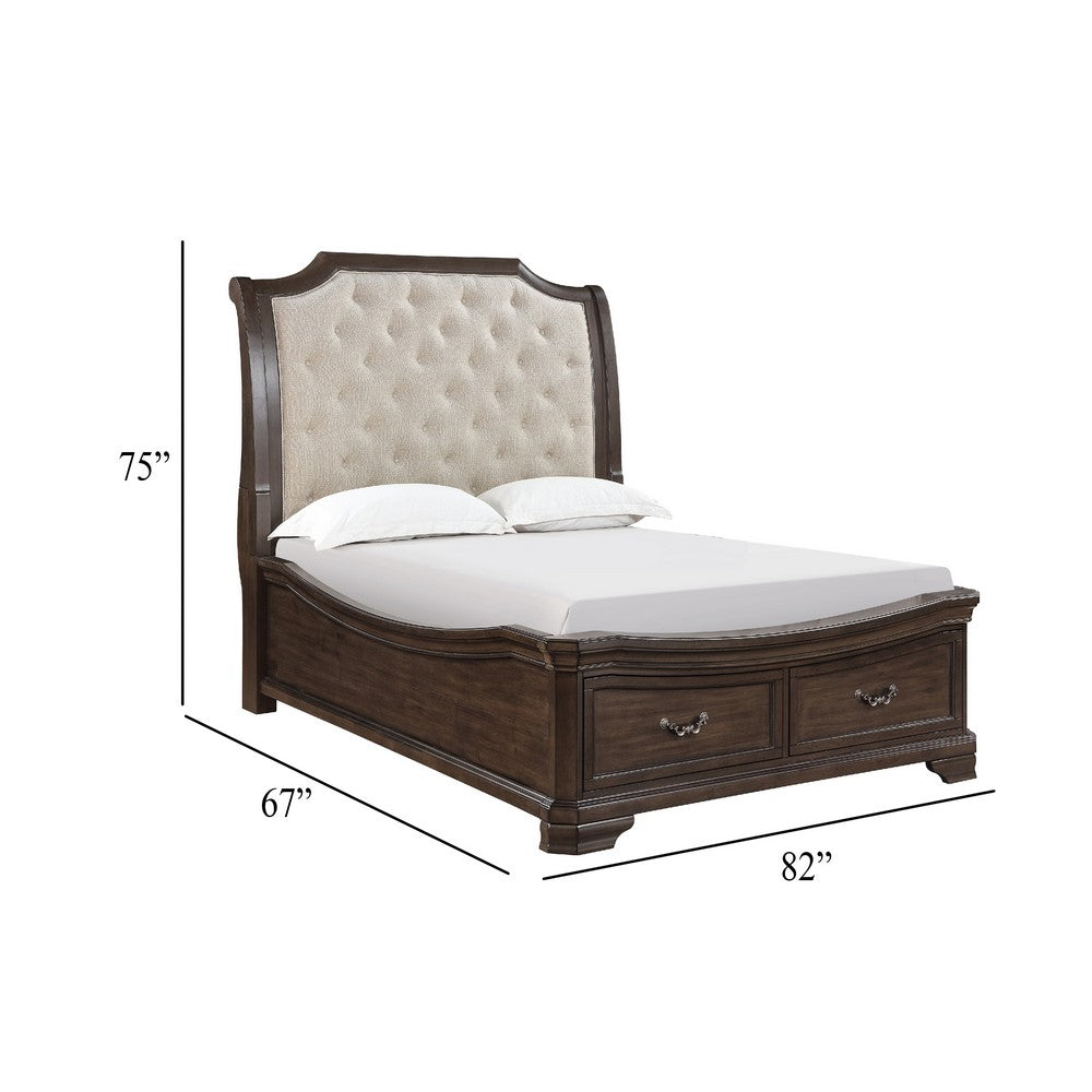 Lynda Queen Bed | Beige Button Tufted Headboard | 2 Drawers | Walnut Brown