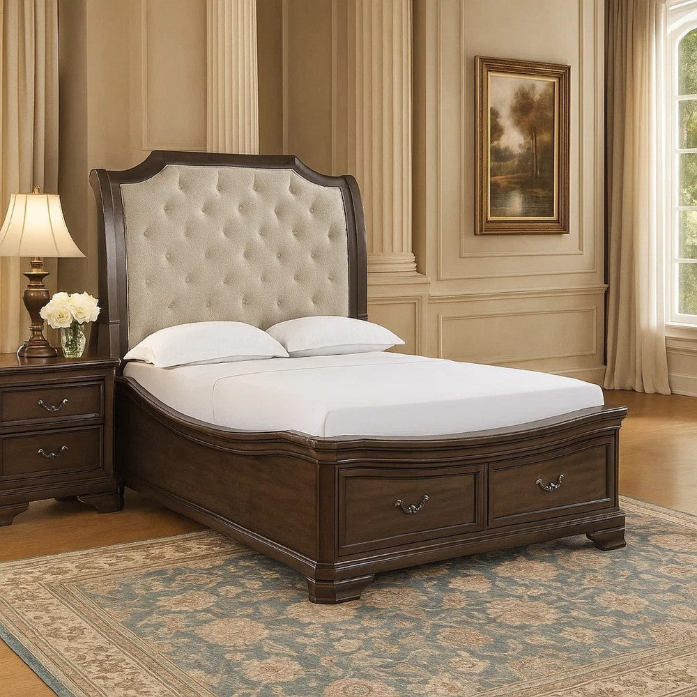 Lynda Queen Bed | Beige Button Tufted Headboard | 2 Drawers | Walnut Brown