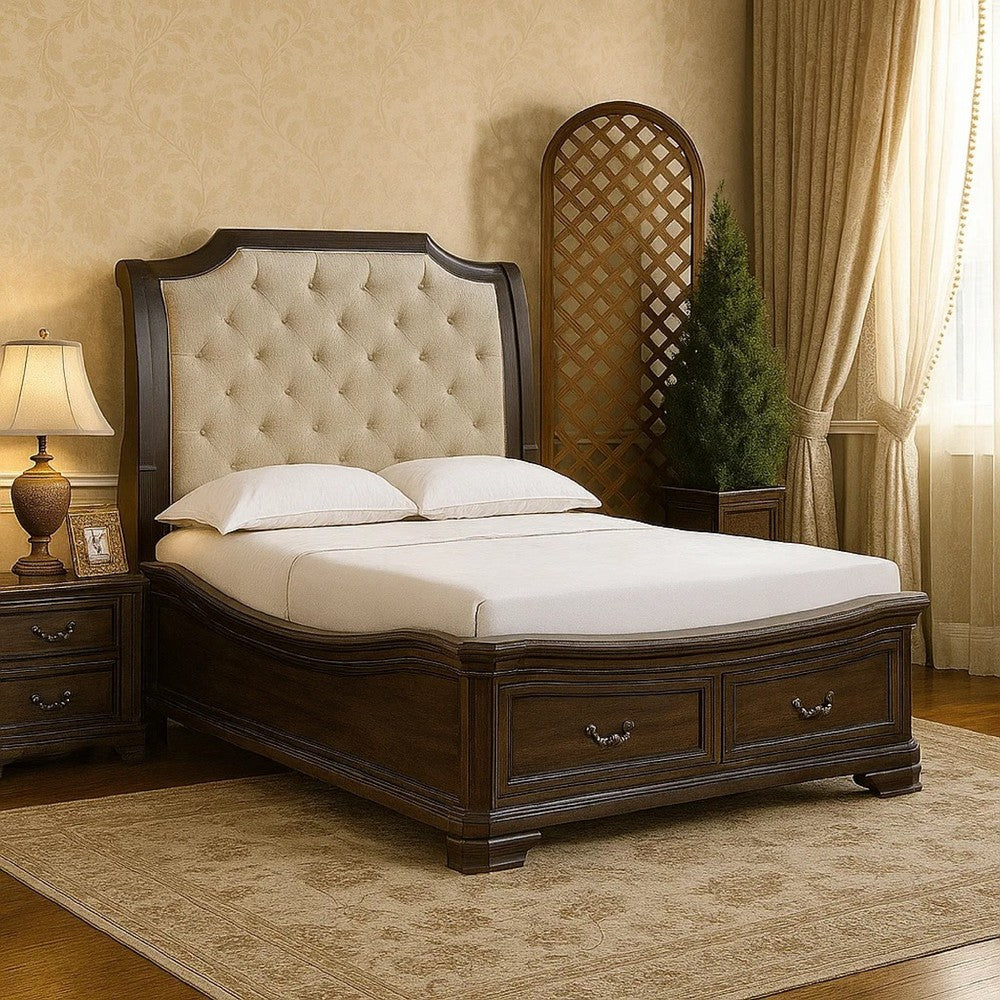 Lynda Queen Bed | Beige Button Tufted Headboard | 2 Drawers | Walnut Brown