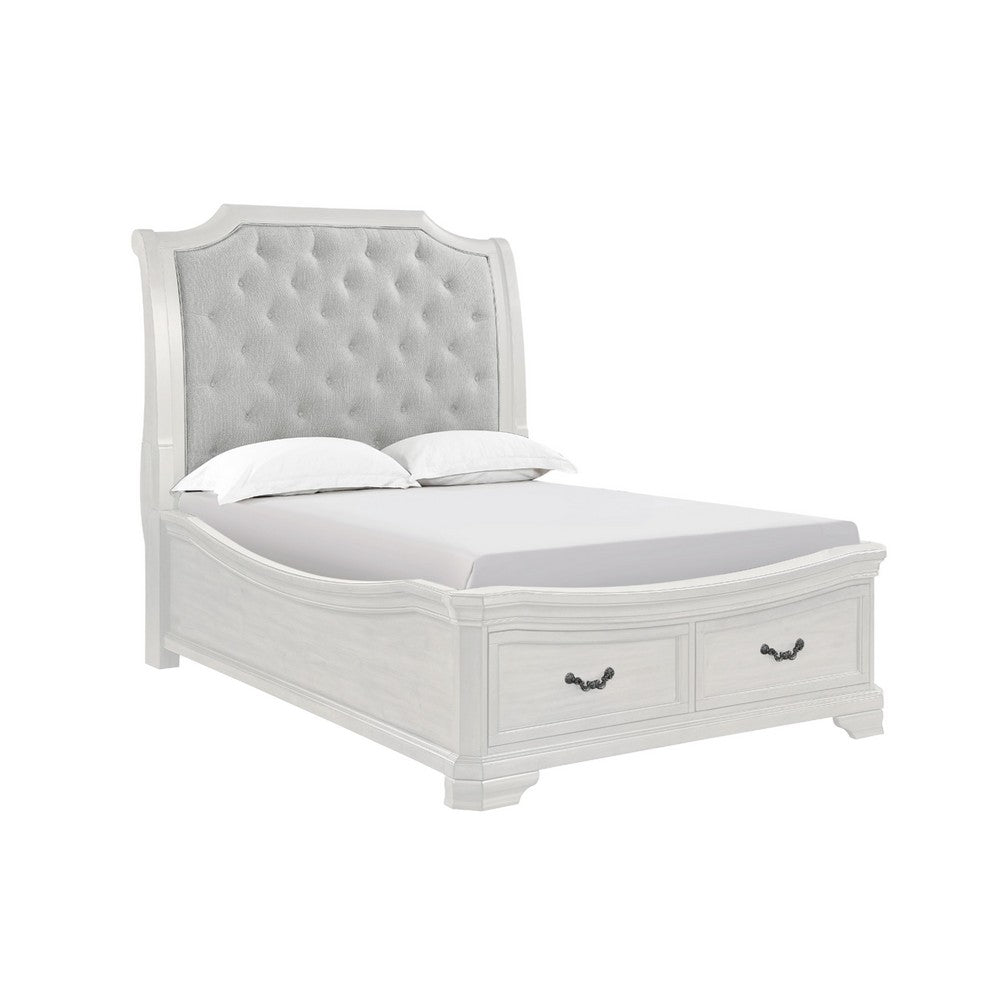 Lynda Queen Bed | Gray Button Tufted Design | 2 Drawers | Vintage White