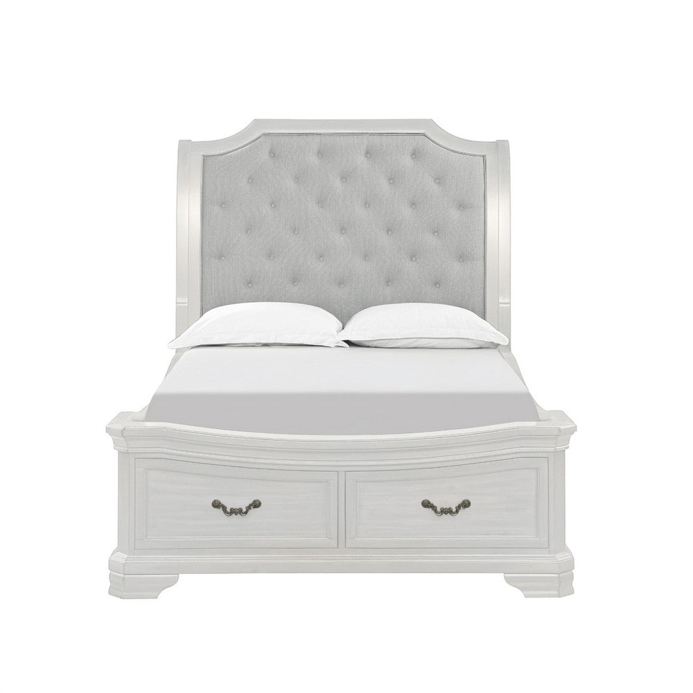 Lynda Queen Bed | Gray Button Tufted Design | 2 Drawers | Vintage White