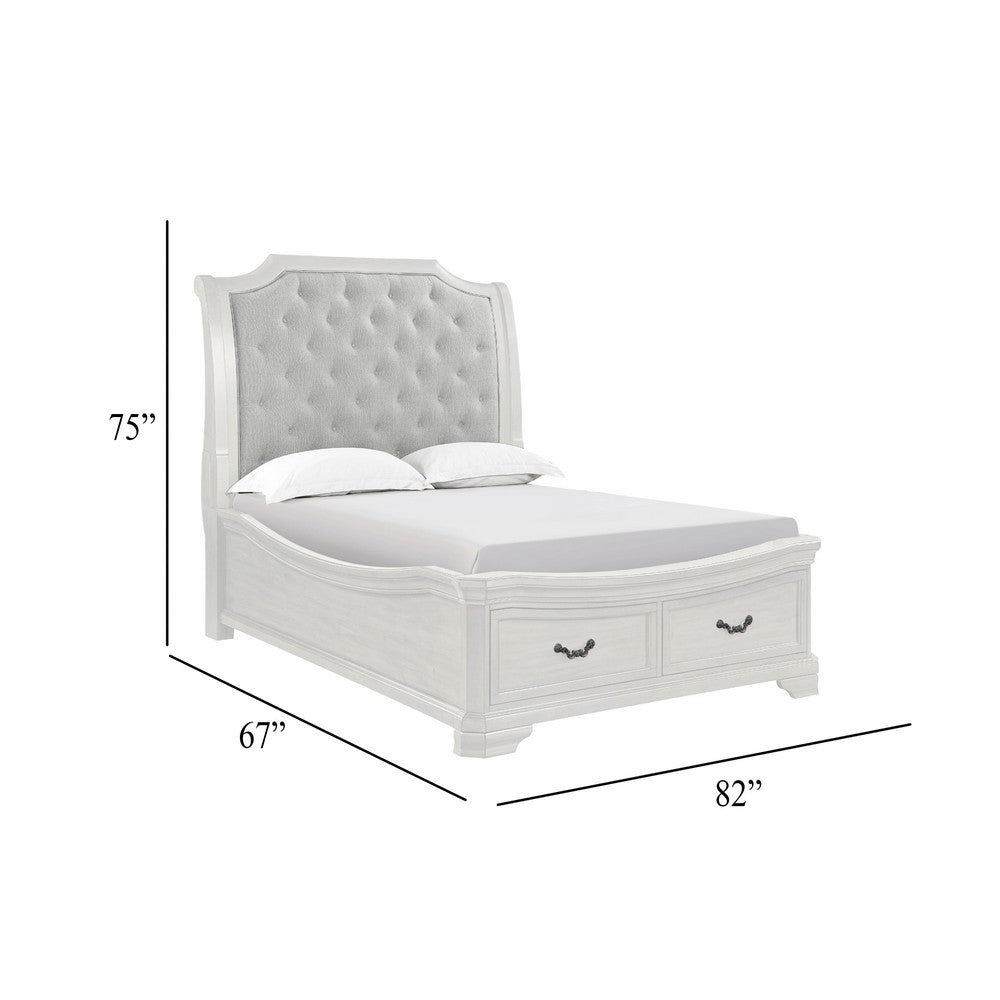 Lynda Queen Bed | Gray Button Tufted Design | 2 Drawers | Vintage White