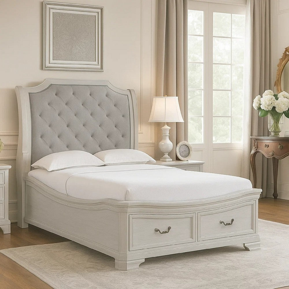 Lynda Queen Bed | Gray Button Tufted Design | 2 Drawers | Vintage White