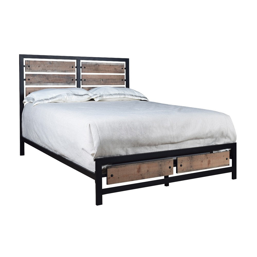 Rive King Size Bed w Rustic Brown Panel Headboard | Black Metal Frame