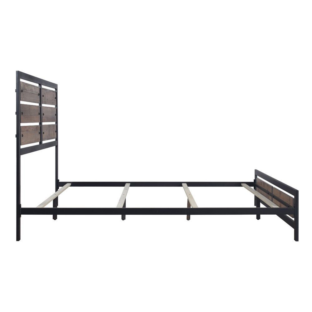 Rive King Size Bed w Rustic Brown Panel Headboard | Black Metal Frame