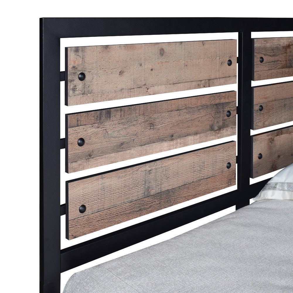 Rive King Size Bed w Rustic Brown Panel Headboard | Black Metal Frame