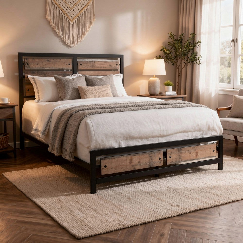 Rive King Size Bed w Rustic Brown Panel Headboard | Black Metal Frame