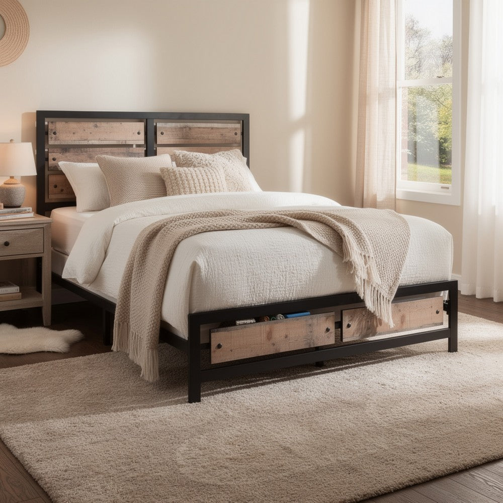 Rive King Size Bed w Rustic Brown Panel Headboard | Black Metal Frame