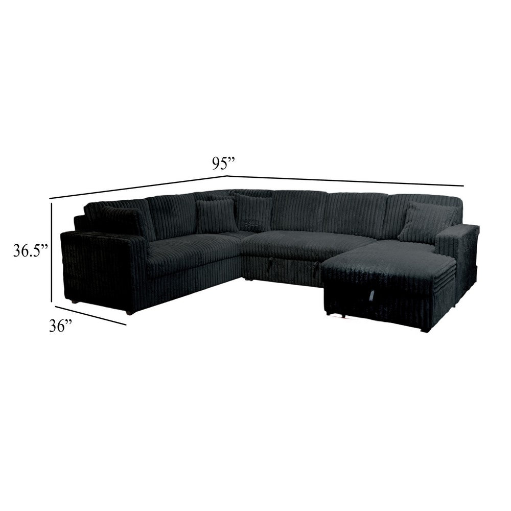 Jezz Sectional Sleeper Sofa w USB | 4 Pillows | Midnight Black Corduroy