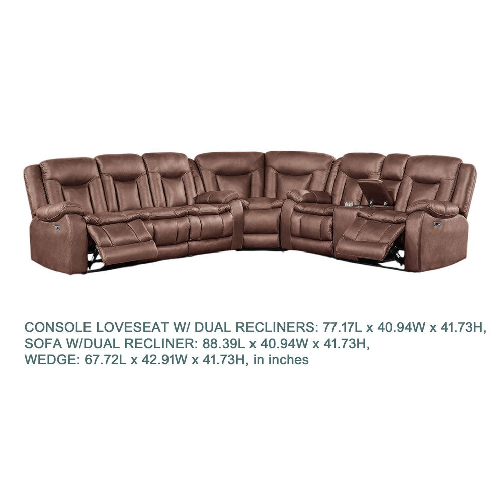Olaf 3pc 6 Seater Power Recliner Sectional Sofa | Adj Headrest | Brown