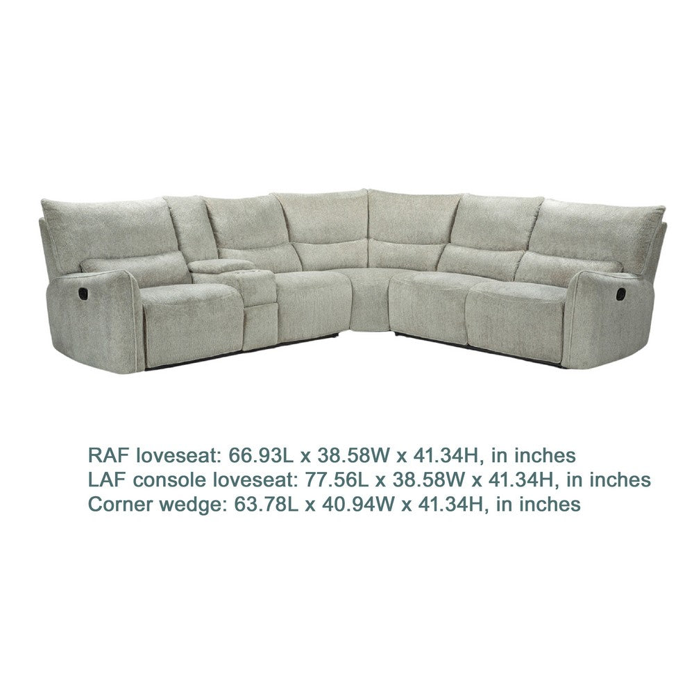 Rey 3pc Manual Reclining Sectional Sofa w Console & Wedge | Latte Gray