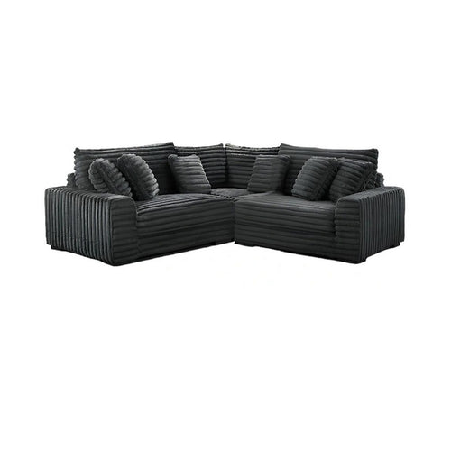 Ezo 3pc Modular Sectional Sofa Set | 6 Pillows | Black Ribbed Polyester