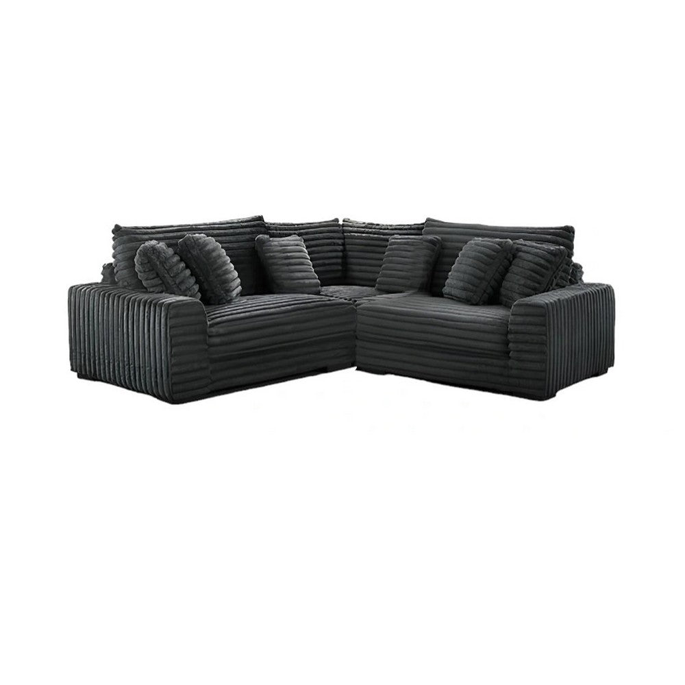 Ezo 3pc Modular Sectional Sofa Set | 6 Pillows | Black Ribbed Polyester